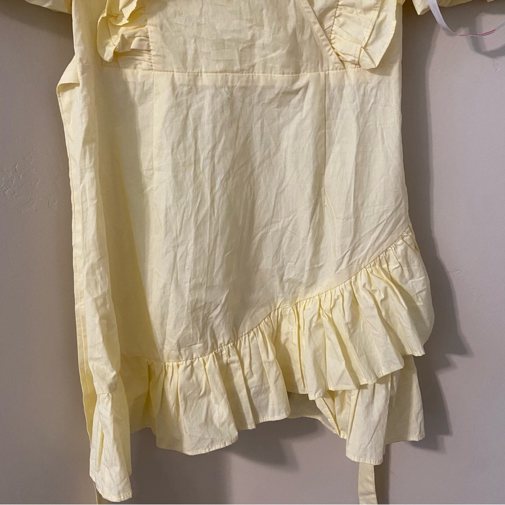 NWT Missguided Ruffle Wrap Poplin Puff Sleeve Plunging V-Neck Dress Lemon Yellow - Picture 7 of 11